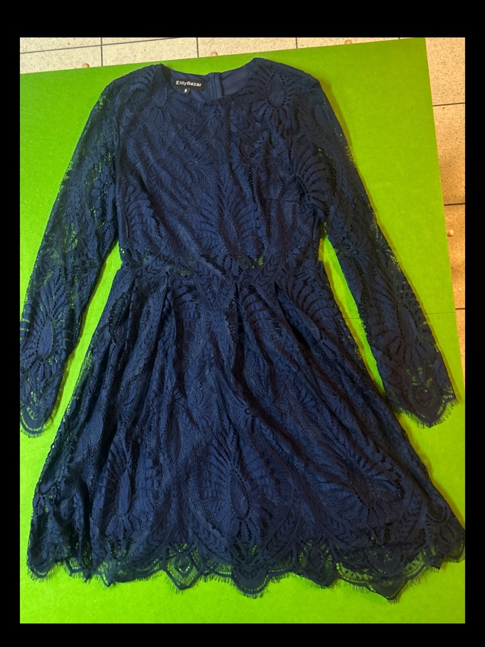 Eilly Bazar Navy Lace Cutout Long-Sleeve Fit & Flare Dress Midi Witchy Fairy Med